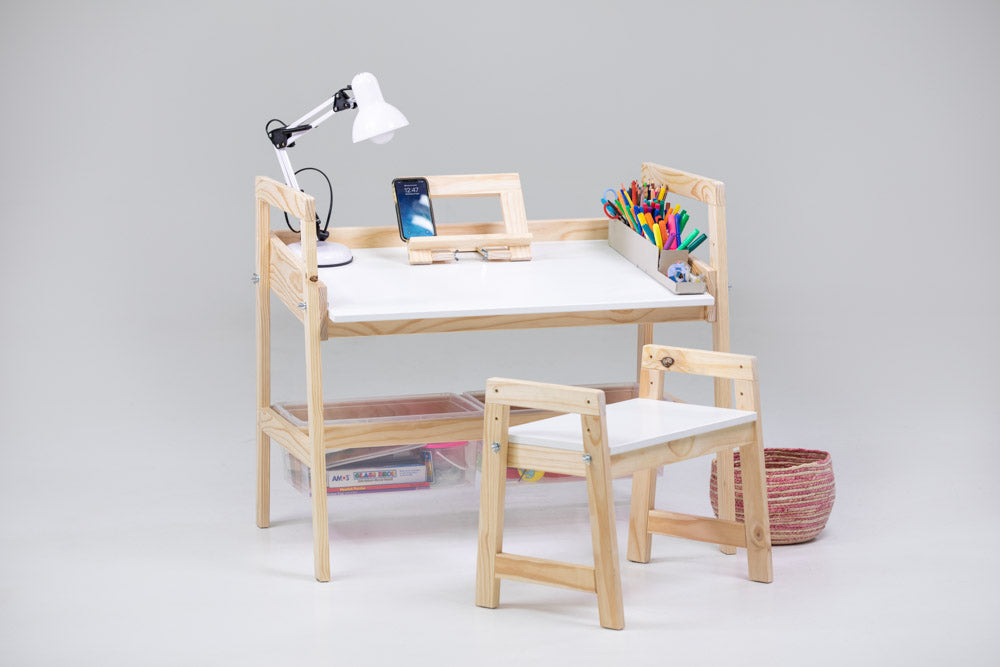 ENZOKUHLE children s desk adjustable Transparent varnish White top